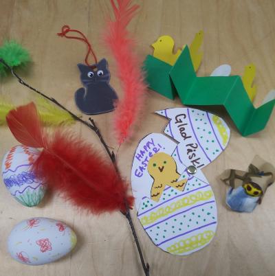 Easter Crafts include Easter branch with feathers, Easter eggs, and other paper crafts.